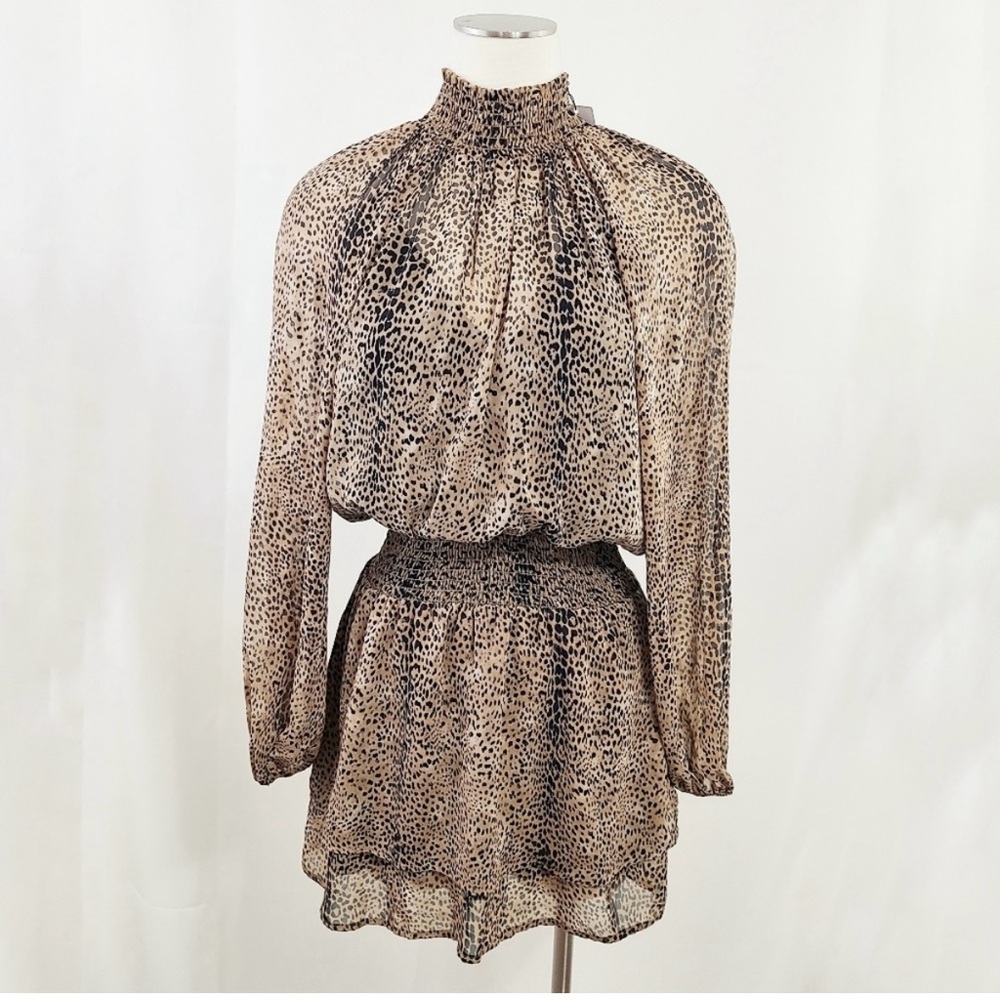 Veronica M Smocked cheetah print dress mini long sleeve mock neck sz medium NWT